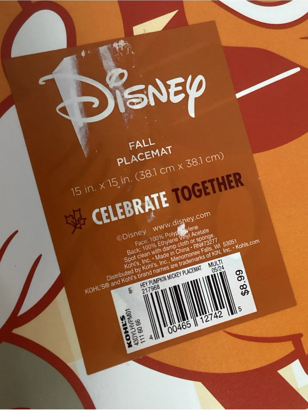 Disney Mickey Mouse Hey Pumpkin Celebrate Together Set of 6 Fall Placemats NEW